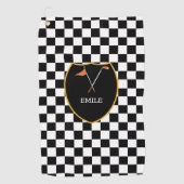 白黒モノグラムのチェック&ゴルフクラブ&フラグ ゴルフタオル (正面)