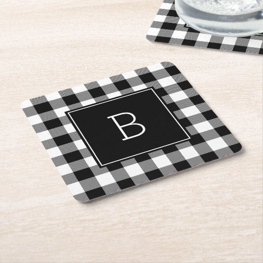 白黒モノグラムのバッファローのプレイド スクエアペーパーコースター (アングル)