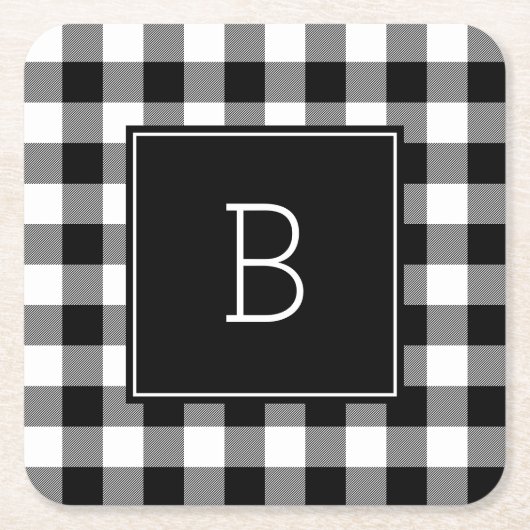 白黒モノグラムのバッファローのプレイド スクエアペーパーコースター (正面)
