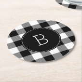 白黒モノグラムのバッファローのプレイド ラウンドペーパーコースター (アングル)