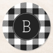 白黒モノグラムのバッファローのプレイド ラウンドペーパーコースター (正面)