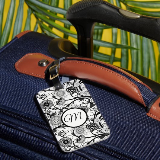 白黒モノグラムのフローラ抽象芸術 ラゲッジタグ (正面インサイチュ1)