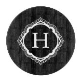 白黒モノグラムの円形のガラスまな板 カッティングボード (正面)