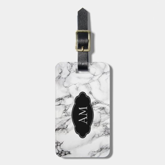 白黒モノグラムの大理石模様 ラゲッジタグ (正面縦)