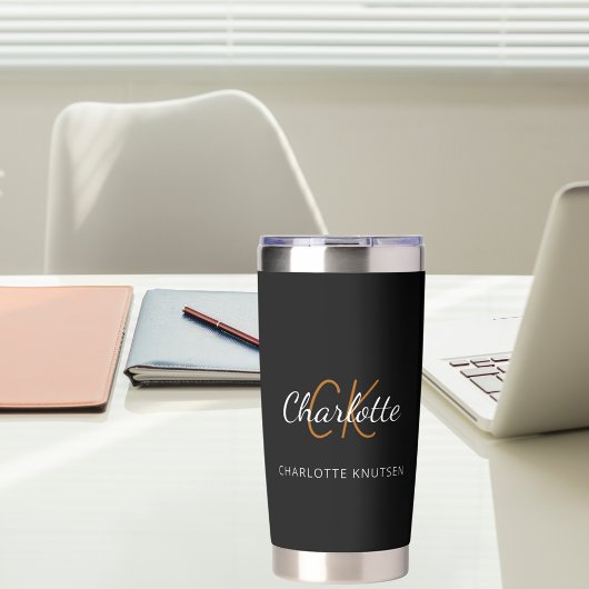 白黒モノグラムイニシャル名 保温保冷タンブラー