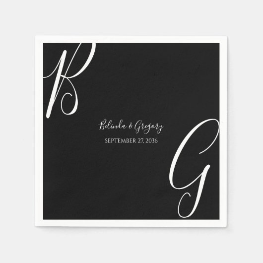 白黒モノグラムイニシャル結婚ズ スタンダードカクテルナプキン (正面)