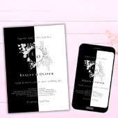 白黒モノグラムエレガントクレスト結婚フローラ 招待状