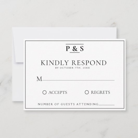 白黒モノグラムエレガントシック結婚ズ 出欠カード (正面)