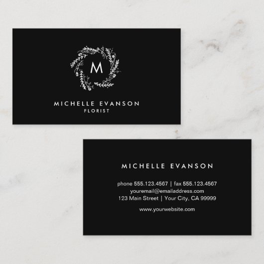 白黒モノグラムエレガントフローラリース 名刺 (正面/裏面)
