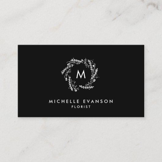 白黒モノグラムエレガントフローラリース 名刺 (正面)