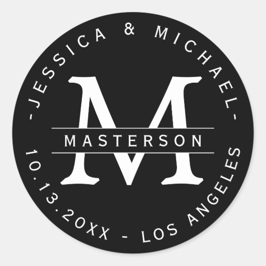 白黒モノグラムクラシック結婚式用シール ラウンドシール (正面)