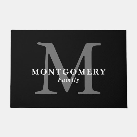 白黒モノグラムグレイエレガントシックなファミリー名 ドアマット (正面)