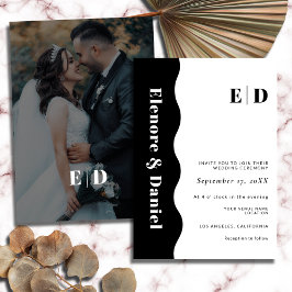 白黒モノグラムサイドウェーブフォト結婚ズ 招待状