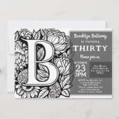 白黒モノグラムタトゥーフラワーズ誕生日 招待状 (正面)