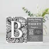 白黒モノグラムタトゥーフラワーズ誕生日 招待状 (スタンド正面)