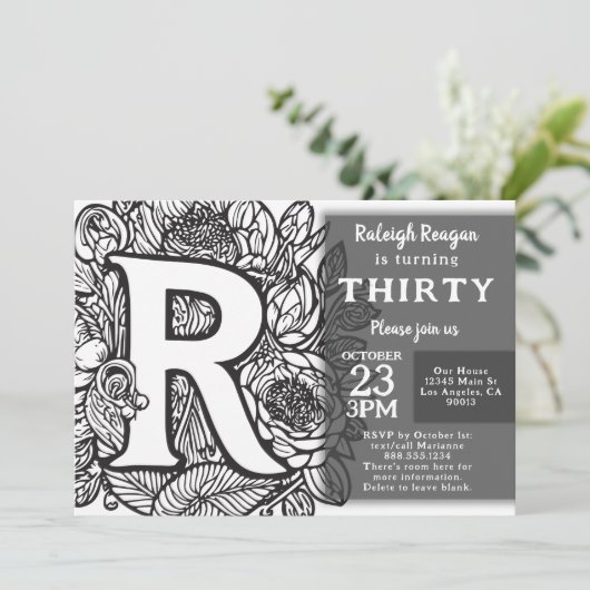 白黒モノグラムタトゥーフラワーズ誕生日 招待状 (スタンド正面)
