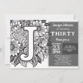 白黒モノグラムタトゥーフラワーズ誕生日 招待状 (正面)