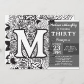白黒モノグラムタトゥーフラワーズ誕生日 招待状 (正面/裏面)