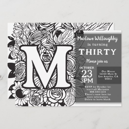 白黒モノグラムタトゥーフラワーズ誕生日 招待状 (正面/裏面)