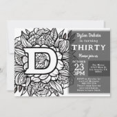 白黒モノグラムタトゥーフラワーズ誕生日 招待状 (正面)