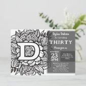 白黒モノグラムタトゥーフラワーズ誕生日 招待状 (スタンド正面)