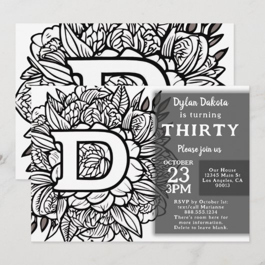 白黒モノグラムタトゥーフラワーズ誕生日 招待状 (正面/裏面)