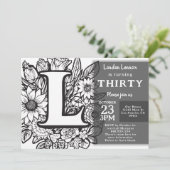 白黒モノグラムタトゥーフラワーズ誕生日 招待状 (スタンド正面)