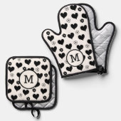 白黒モノグラムハート花模様 鍋つかみ&鍋敷きセット (正面/裏面)