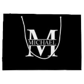 白黒モノグラムパーソナライズされたと名前 ラージペーパーバッグ (裏面)