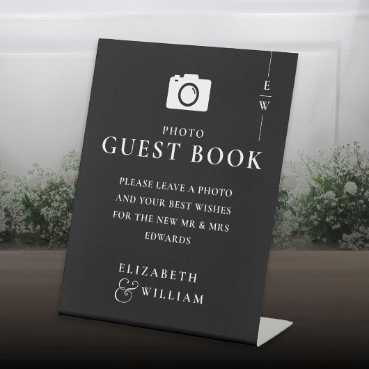 白黒モノグラムフォトゲストブック結婚ズ 台座サイン