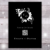 白黒モノグラムフローラQRCodeエレガントな結婚式 招待状