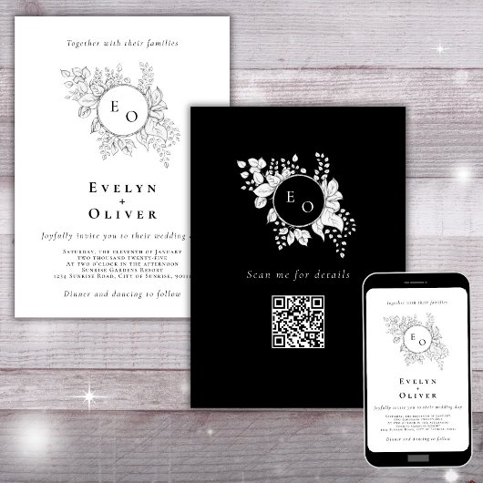 白黒モノグラムフローラQRCodeエレガントな結婚式 招待状