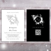 白黒モノグラムフローラQRCodeエレガントな結婚式 招待状
