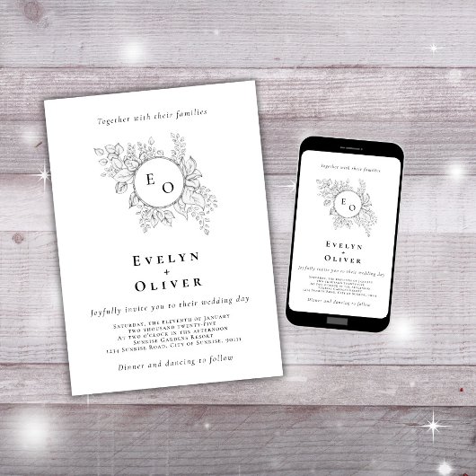 白黒モノグラムフローラQRCodeエレガントな結婚式 招待状