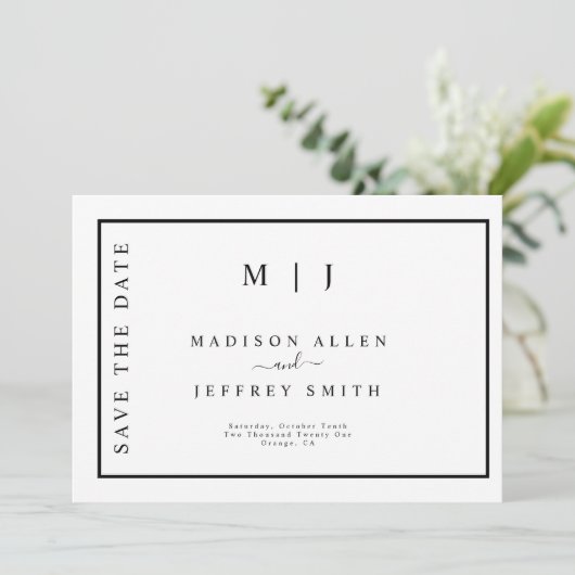 白黒モノグラムミニマリスト日付を保存 案内状 (スタンド正面)