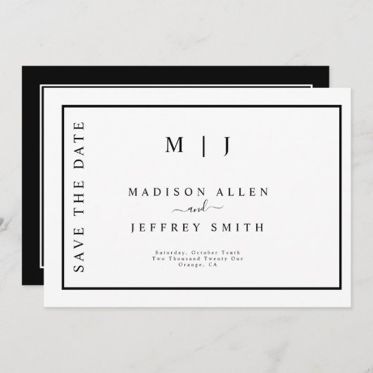 白黒モノグラムミニマリスト日付を保存 案内状 (正面/裏面)