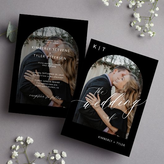 白黒モノグラムモダンのアーチ結婚写真 招待状