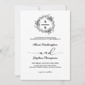 白黒モノグラムリースモダン結婚ズ 招待状 (正面)