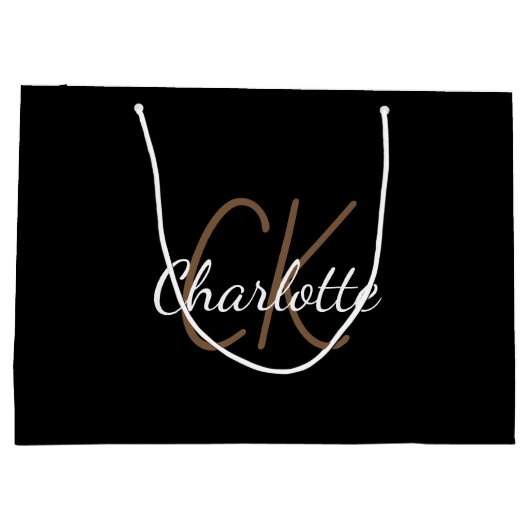 白黒モノグラム名スクリプモダントエレガント ラージペーパーバッグ (裏面)