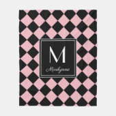 白黒モノグラム市松模様に名モダン(Black and Pink Monogram Name) フリースブランケット (正面)