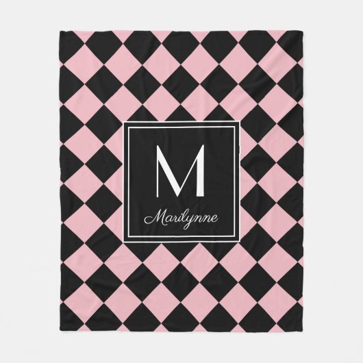 白黒モノグラム市松模様に名モダン(Black and Pink Monogram Name) フリースブランケット (正面)