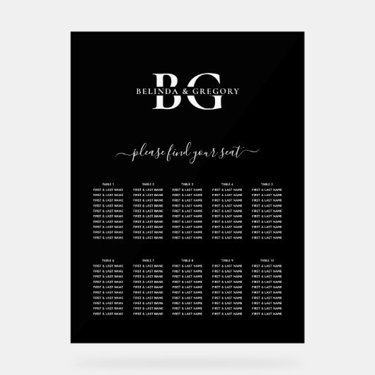 白黒モノグラム結婚の座席表 アクリルサイン (正面)