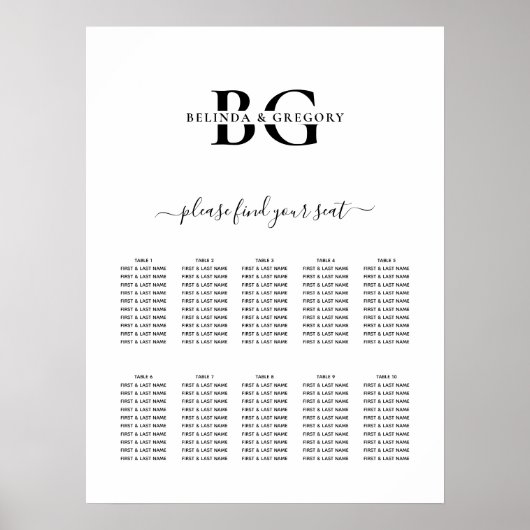 白黒モノグラム結婚の座席表 ポスター (正面)