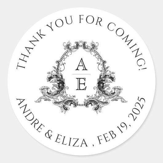 白黒モノグラム結婚の感謝ステッカー ラウンドシール (正面)