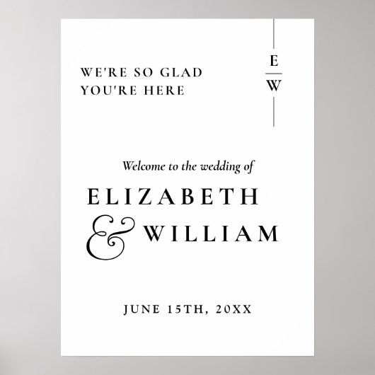 白黒モノグラム結婚の歓迎サイン ポスター (正面)