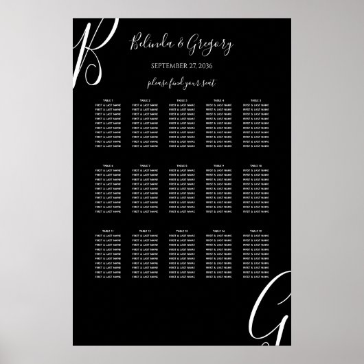 白黒モノグラム結婚イニシャルの座席表 ポスター (正面)