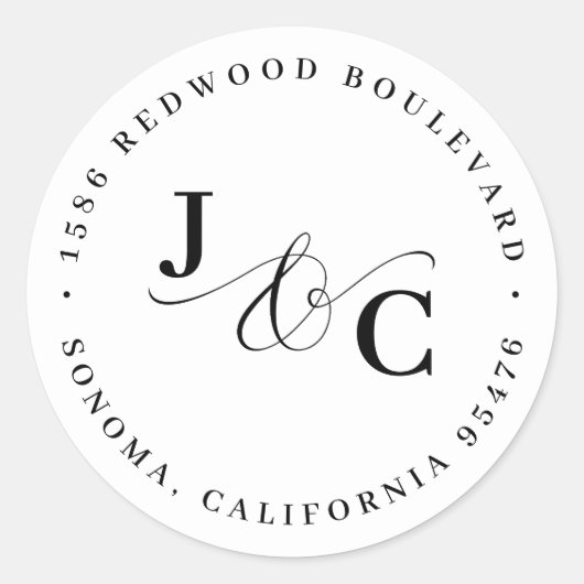 白黒モノグラム結婚差出人住所 ラウンドシール (正面)