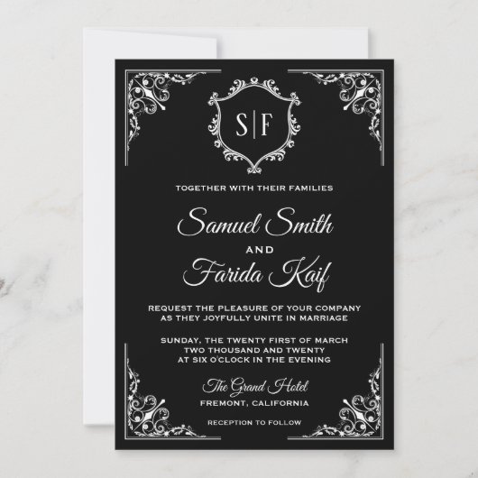 白黒モノグラム華美結婚式招待状 招待状 (正面)