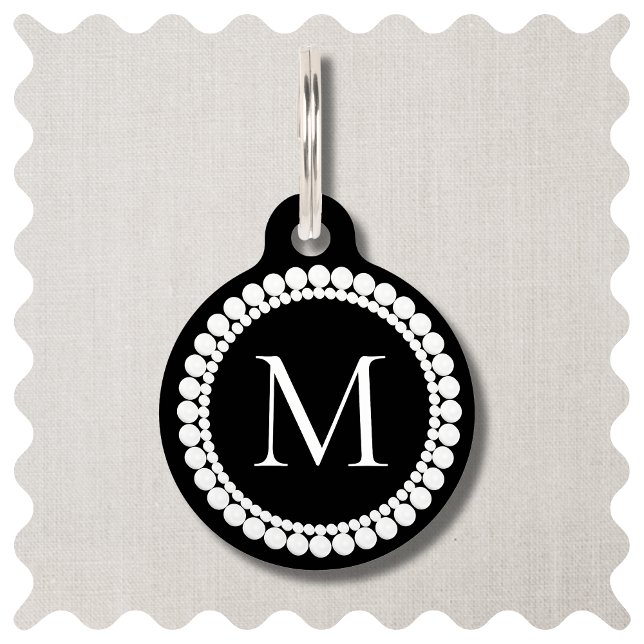 白黒モノグラム ペット　ネームタグ (Black and White Monogrammed Dog ID Tag. Elegant Wedding Pet Tags. )