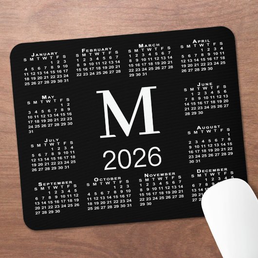 白黒モノグラム 2026年カレンダー マウスパッド